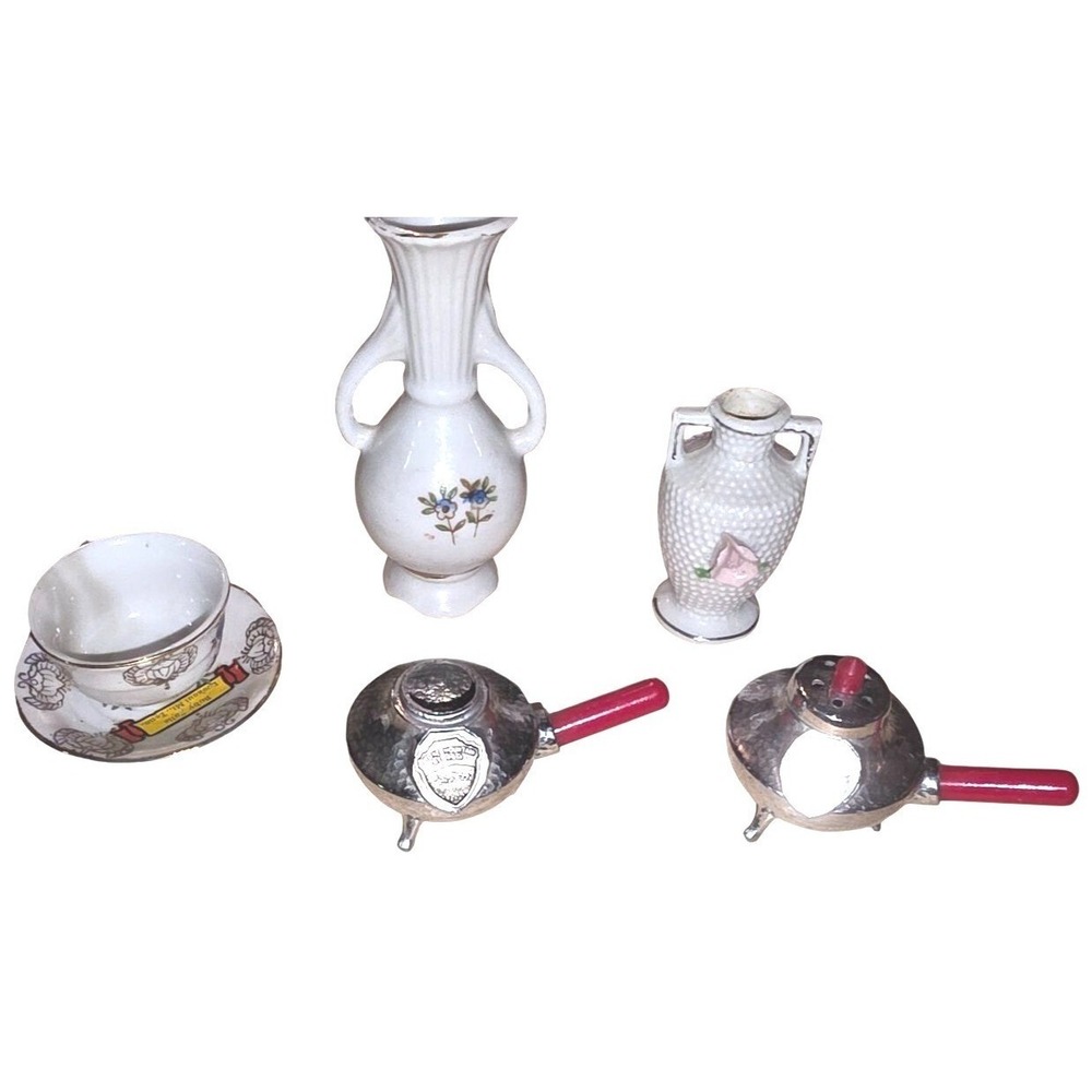 Vintage Mini Vases Souvenir Tea Ceramic & Stone Mountain Pewter Tone Tiny Kettle